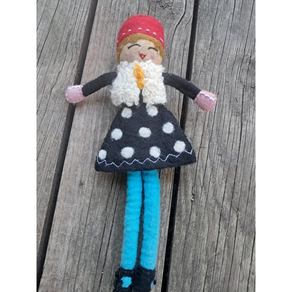 French Knot Felt Doll Red Hat Black Polka Dress Folk Art Plush Soft Toy J22